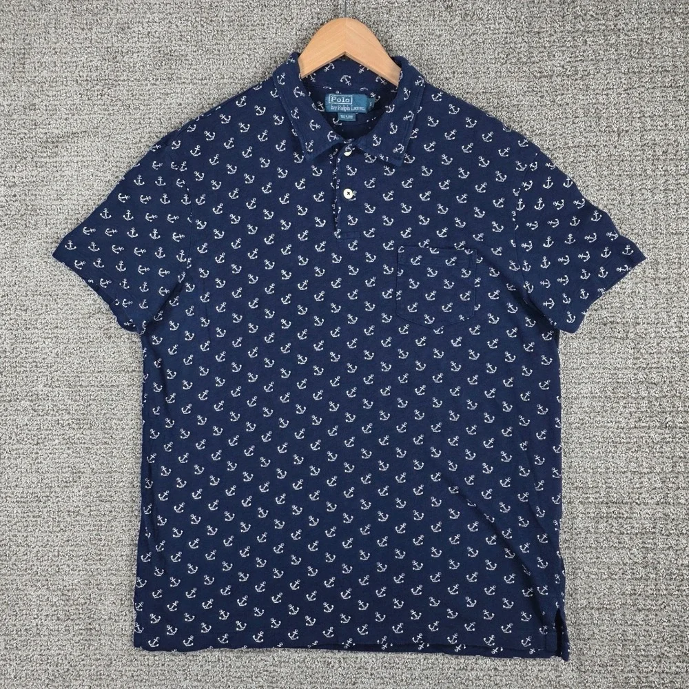 Vintage Polo Ralph Lauren Mens Large Blue Anchor Print Short Sleeve Polo Shirt L